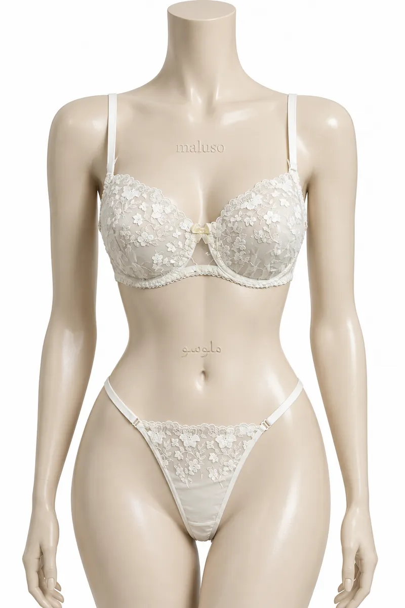 lemon-tulle-lingerie-set-ivory-cup-b.webp ست شورت و سوتین تورگاز لمون کاپ B فنردار شیشهای رنگ نباتی - ملوسو
